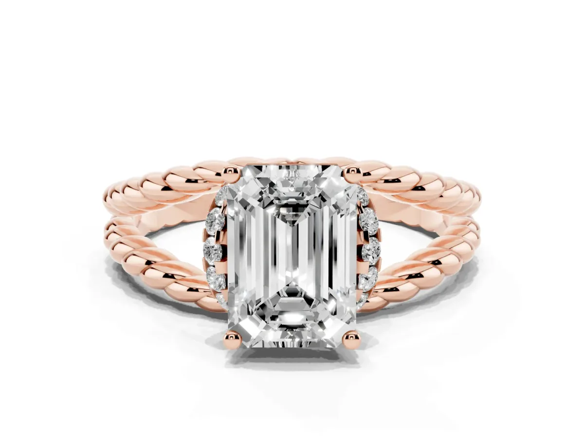 Emerald Cut Halo Twisted Band Four-Prong Ring Rose gold