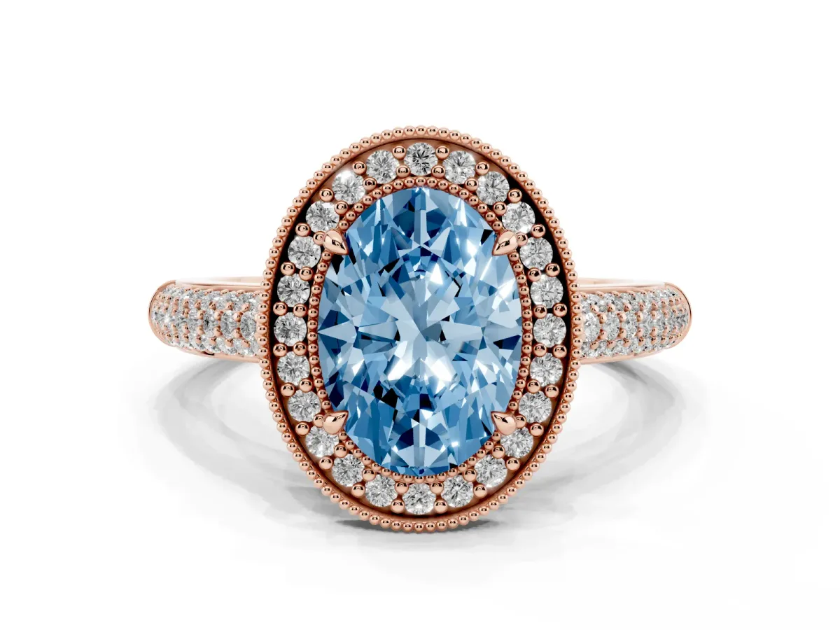 Fancy Blue Oval Cut Cut Halo Diamond Pave Band with Four-Prong Setting Rose gold