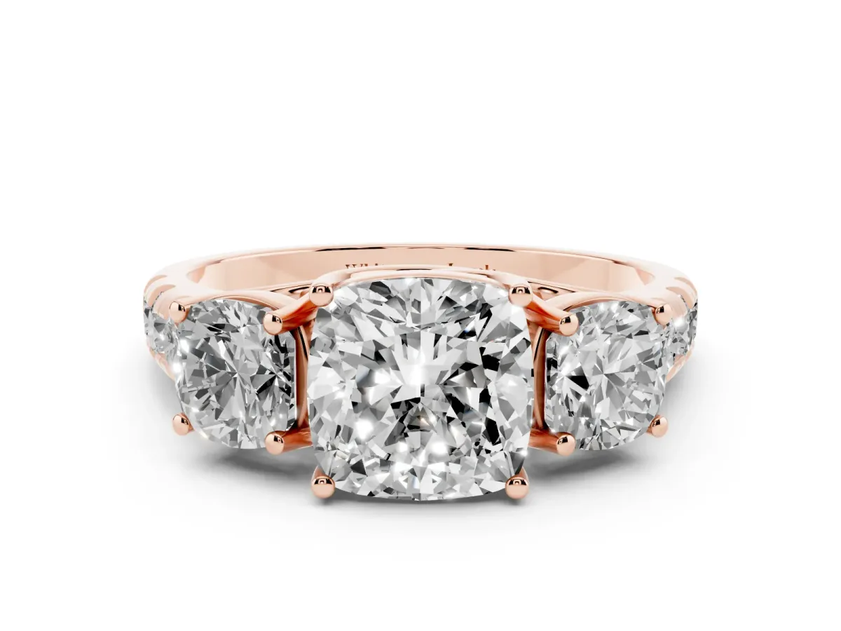 Three-Stone Cushion Cut Diamond Pavé Band with Prong Setting Rose gold