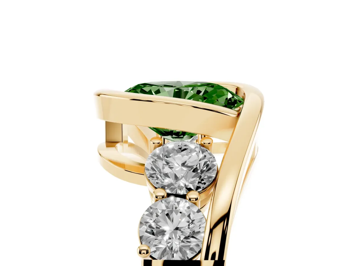 Fancy Green Bezel Set Oval Cut Diamond Bypass Ring with Round Accents Yellow gold
