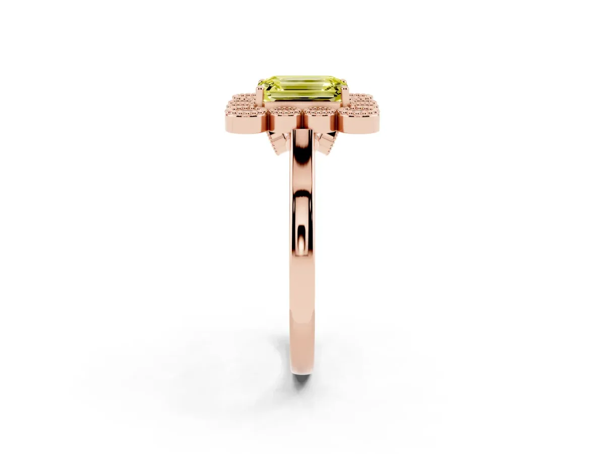 Fancy Yellow Emerald Cut Halo Diamond Cluster Engagement Ring with Milgrain Bezel Setting and Solitaire Band Rose gold