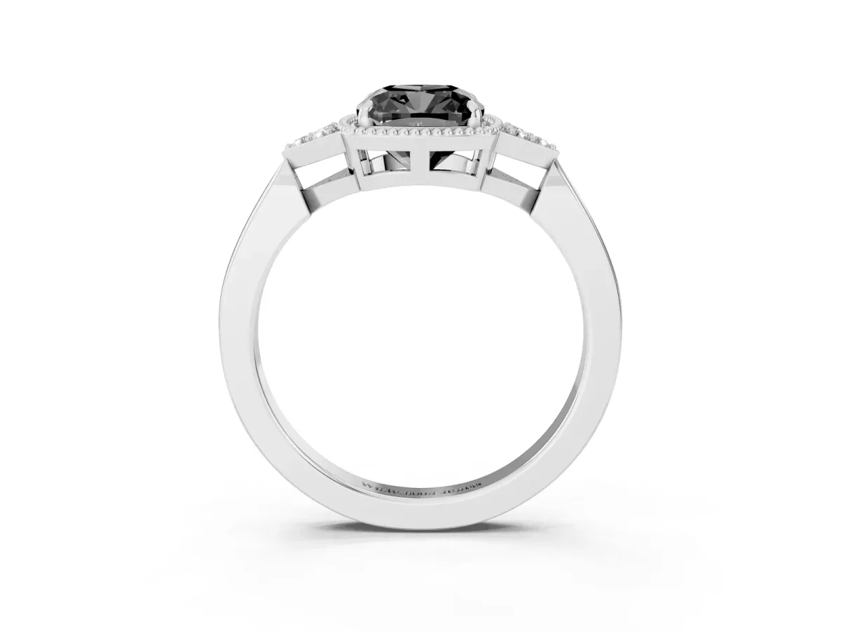 Fancy Black Hexagonal Halo Cushion Cut Diamond Solitaire with Pavé Band and Four-Prong Setting Silver