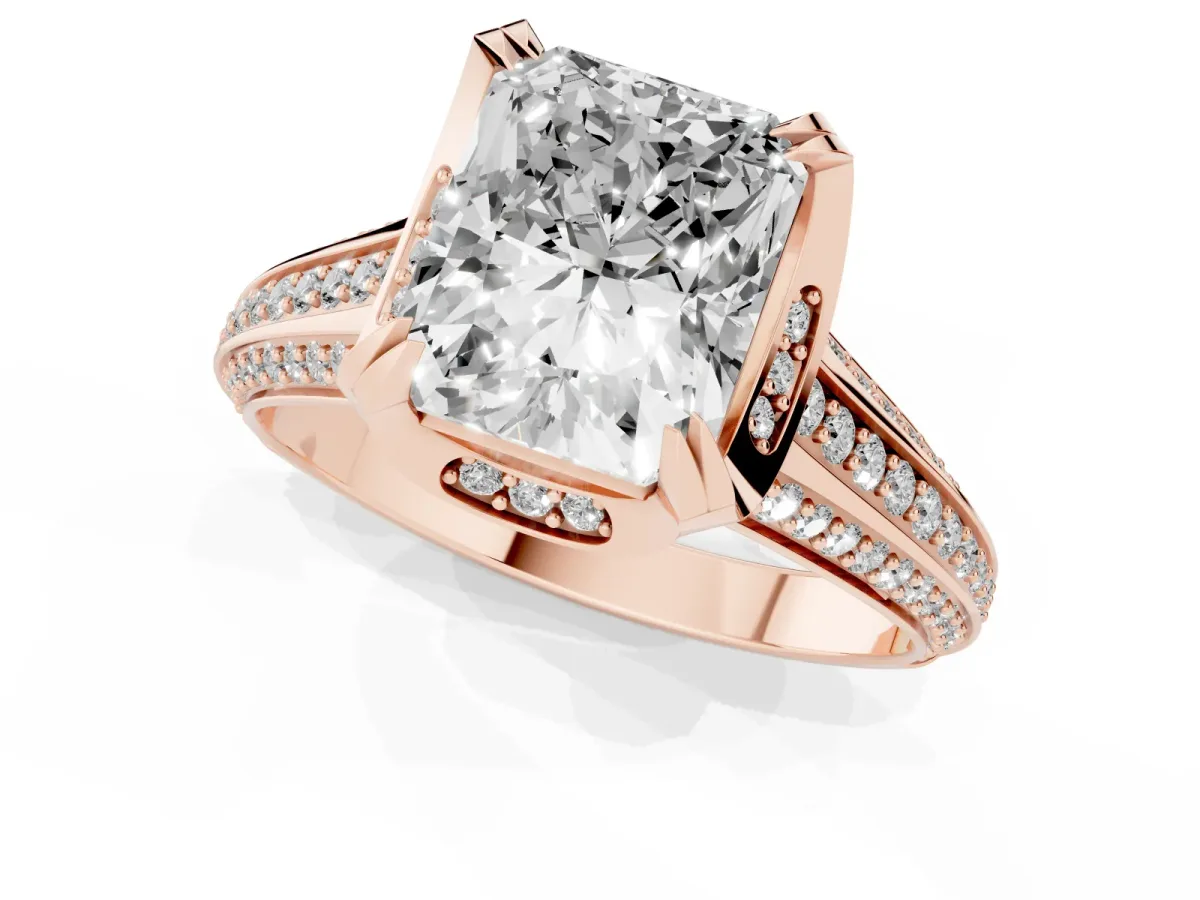 Radiant Cut Solitaire Pave Split Shank Ring with Four-Prong Setting Rose gold