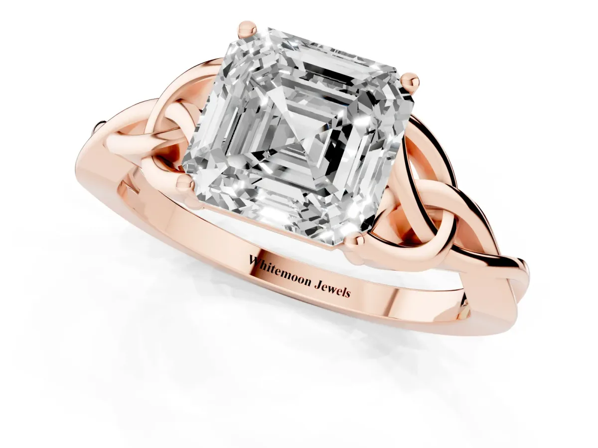 Asscher Cut Diamond Solitaire Engagement Ring with Celtic Knot Band and Four-Prong Setting Rose gold