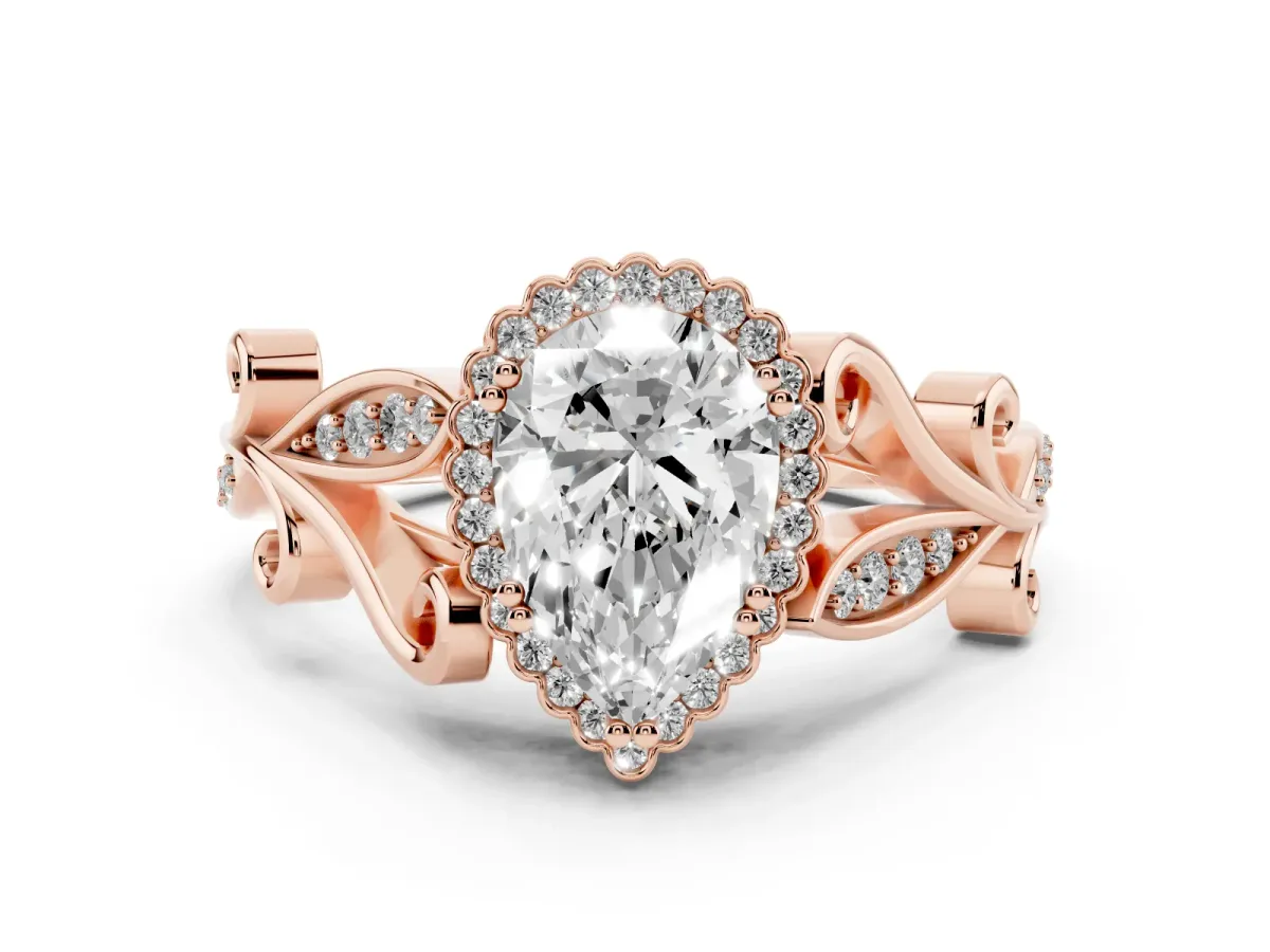 Pear Cut Diamond Halo Ring with Vintage Split Shank and Four-Prong Setting Rose gold