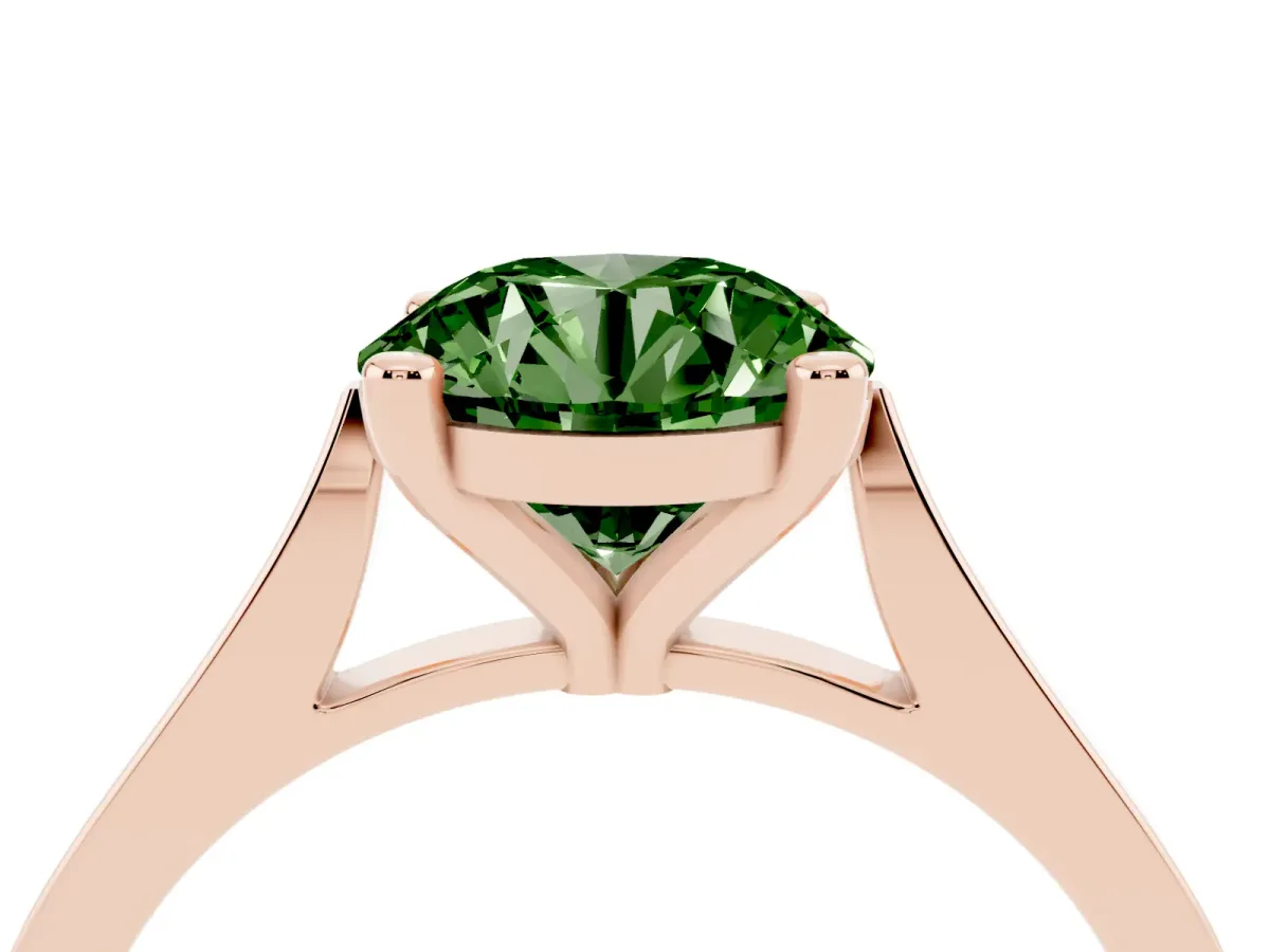 Fancy Green Round Cut Solitaire Diamond Ring with Four-Prong Setting and Tapered Band Rose gold