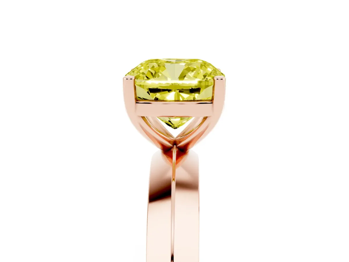 Fancy Yellow Cushion Cut Cut Solitaire Engagement Ring with Flat Band and Four-Prong Setting Rose gold