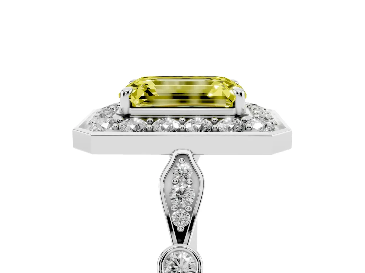 Fancy Yellow Emerald Cut Halo Diamond Engagement Ring with Twisted Band and Four-Prong Setting Platinum