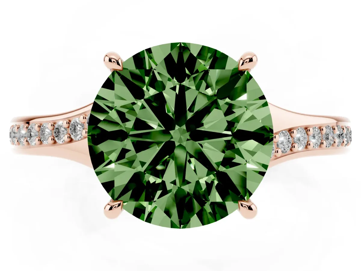 Fancy Green Round Cut Diamond Solitaire Ring with Pavé Band and Prong Setting Rose gold