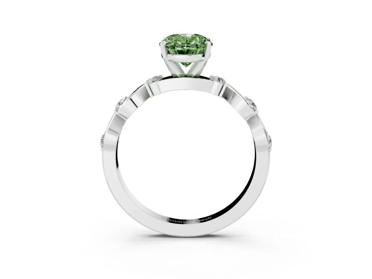 Fancy Green Oval Cut Diamond Solitaire Twisted Band with Round Accents and Prong Setting Silver