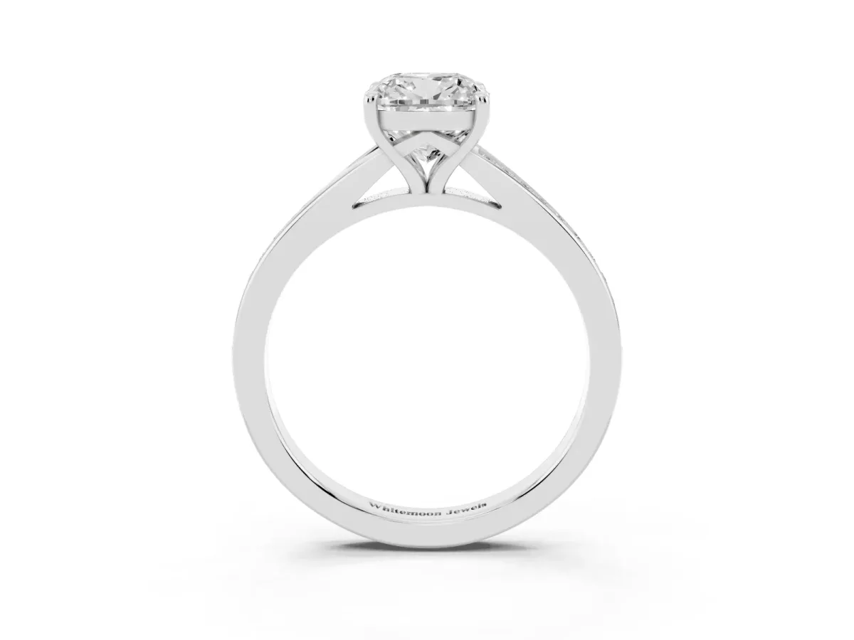 Cushion Cut Diamond Solitaire Ring with Pavé Band and Prong Setting Silver