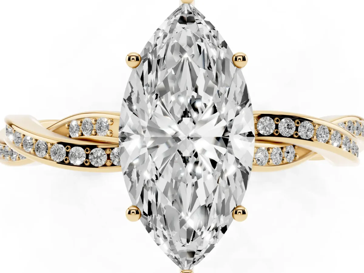 Marquise Cut Solitaire Twisted Pave Diamond Ring with Four-Prong Setting Yellow gold