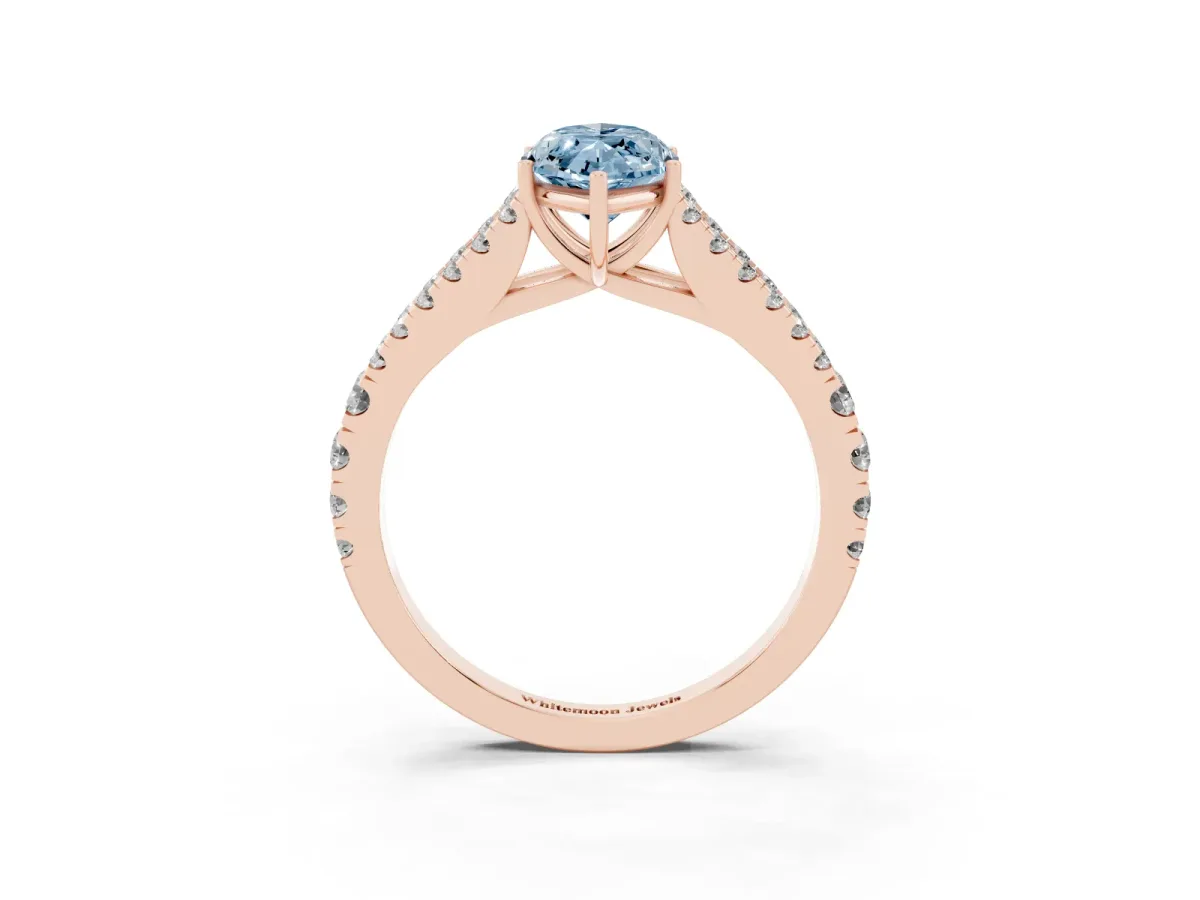Fancy Blue Marquise Cut Diamond Split Shank Engagement Ring with Round Pavé and Prong Setting Rose gold