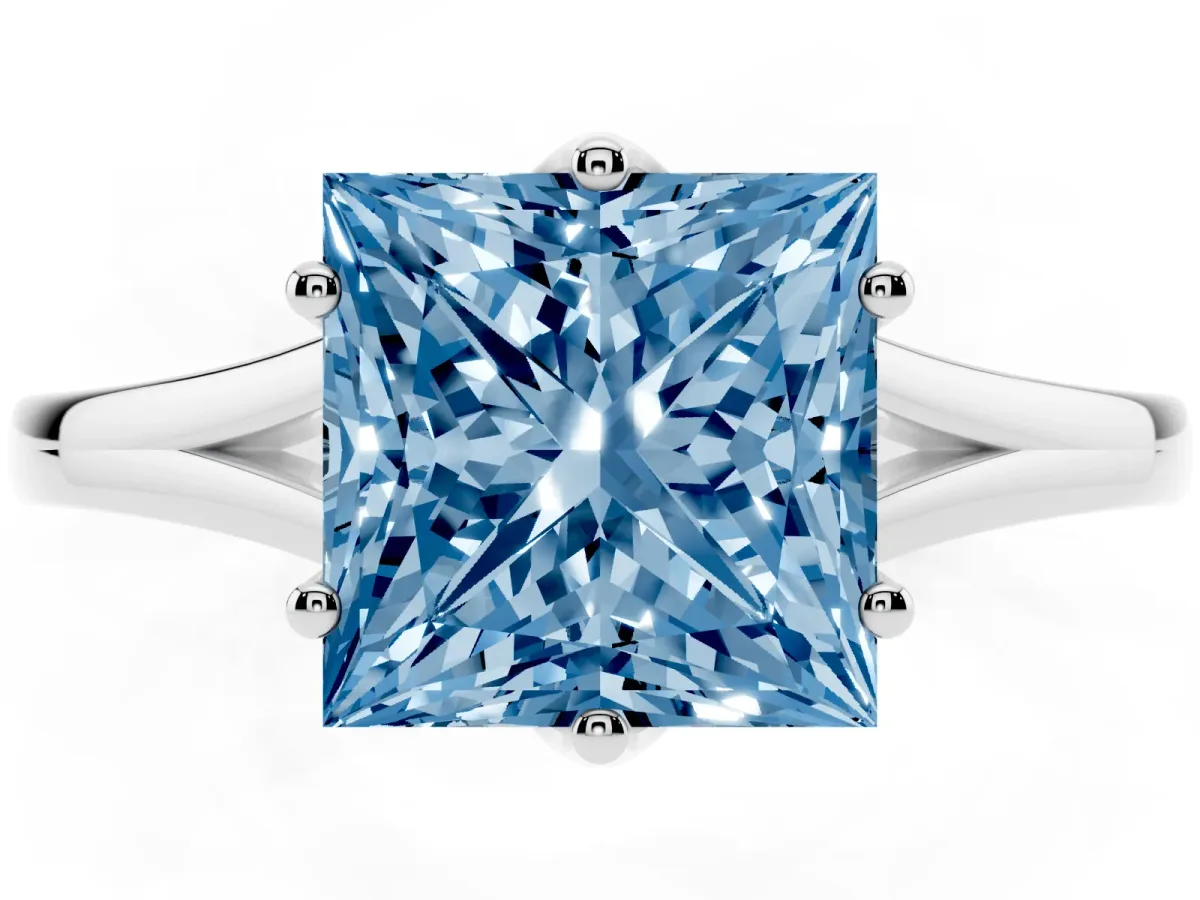 Fancy Blue Princess Cut Solitaire Diamond Ring with Six-Prong Setting and Tapered Band Platinum