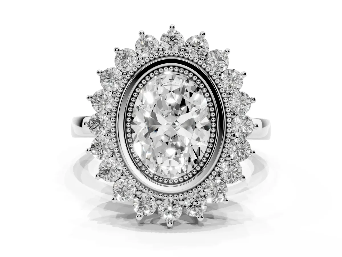 Oval Cut Halo Diamond Ring with Milgrain Edge and Round Prong Setting Silver