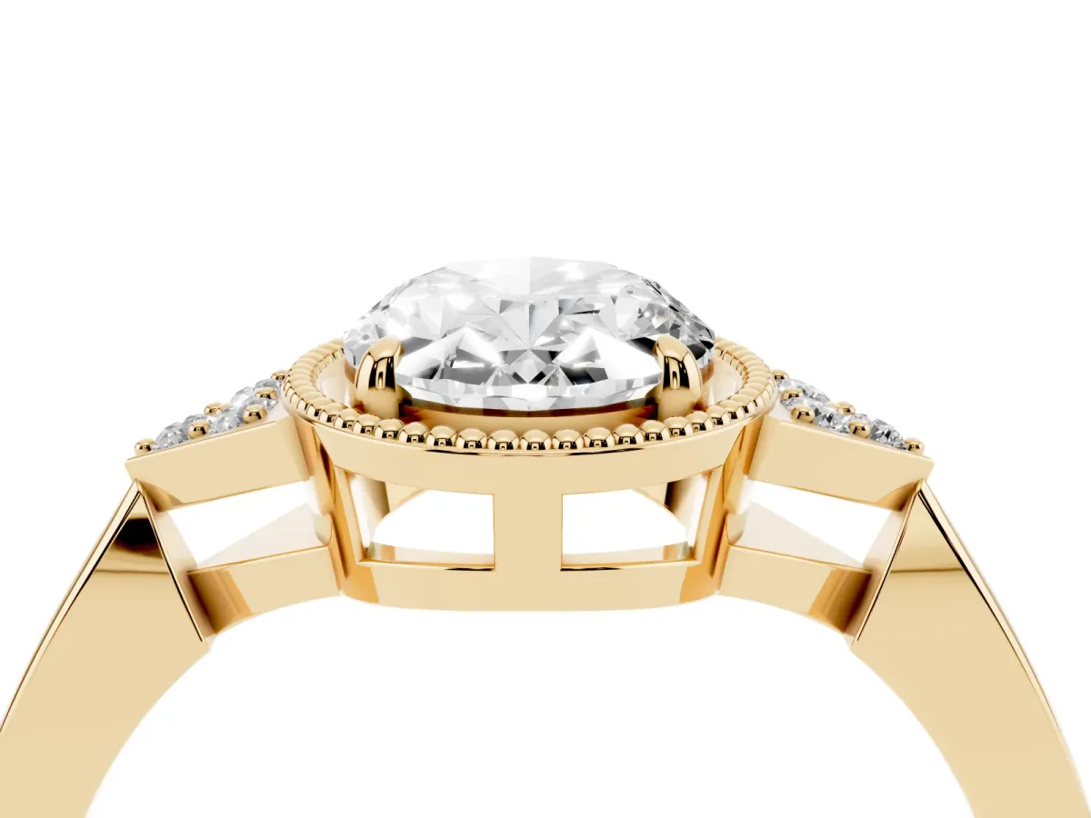 Hexagonal Halo Oval Cut Diamond Solitaire with Pavé Band and Four-Prong Setting Yellow gold