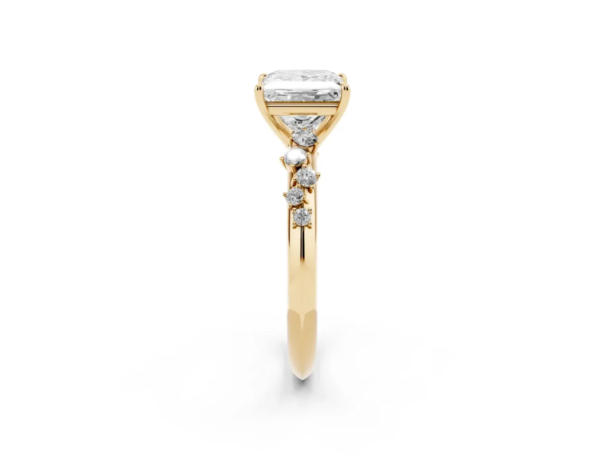 Princess Cut Diamond Cluster Side Stone Solitaire Ring with Prong Setting Yellow gold