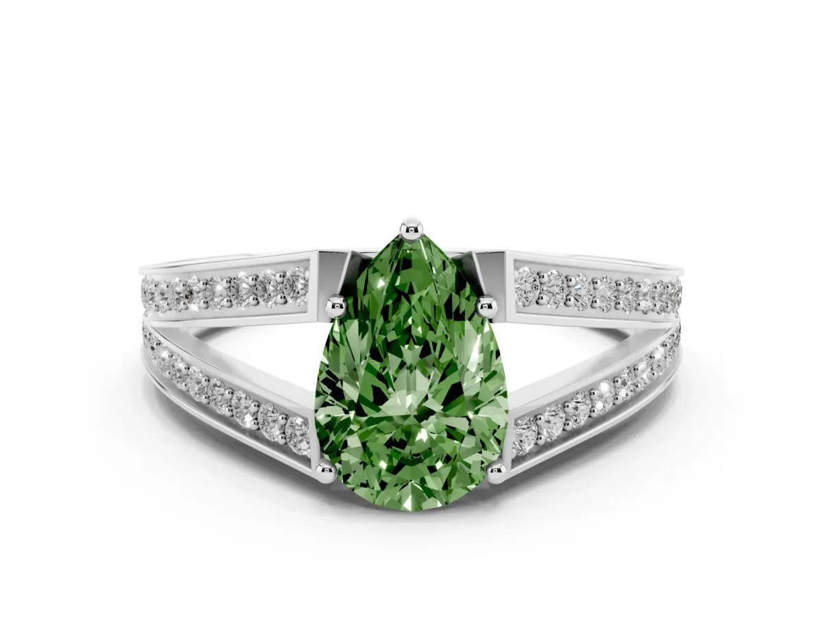 Fancy Green Pear Cut Diamond Split Shank Ring with Pavé Band and Four-Prong Setting Silver