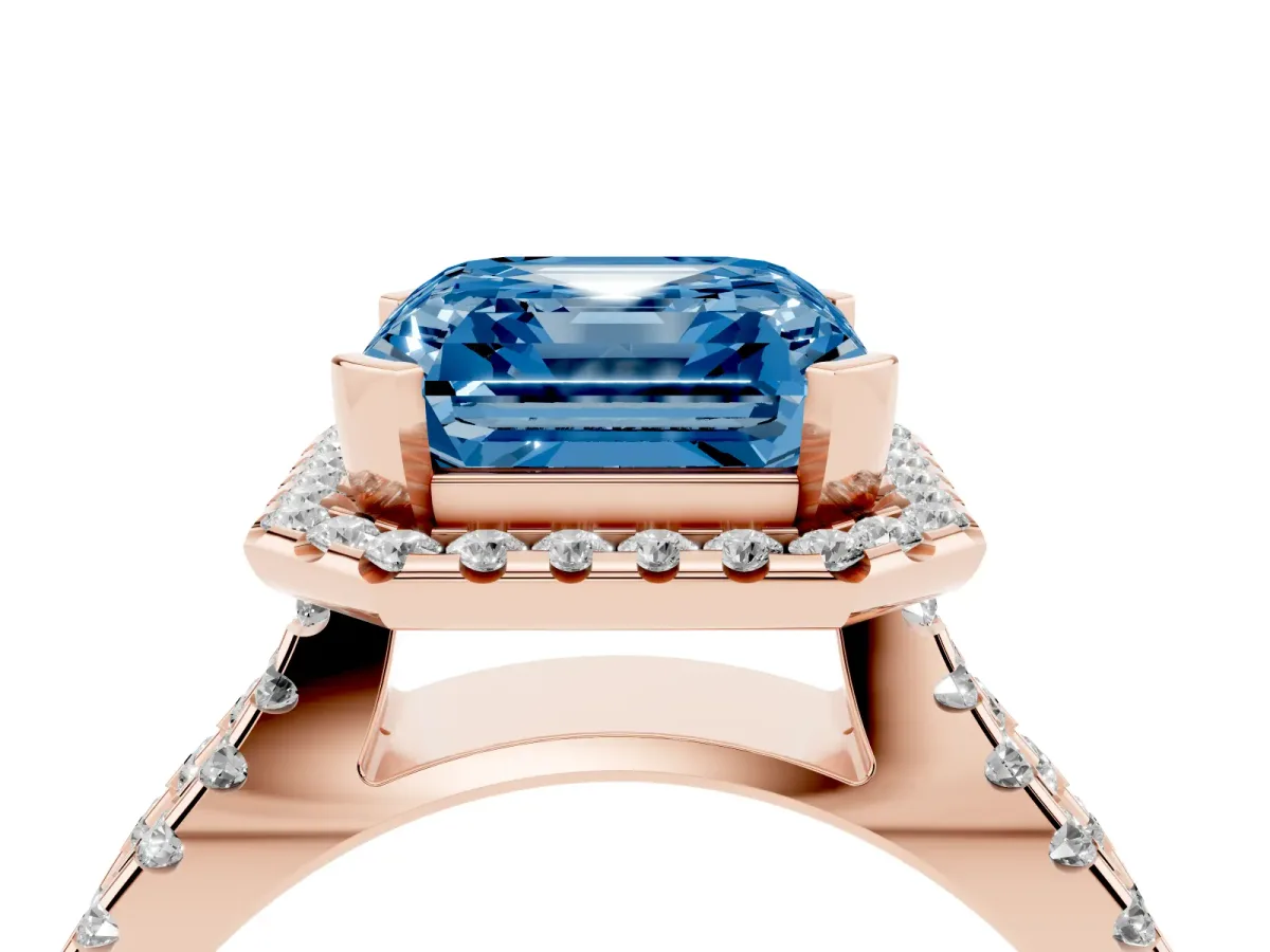 Fancy Blue Asscher Cut Diamond Halo Ring with Split Shank Pavé Band and Prong Setting Rose gold