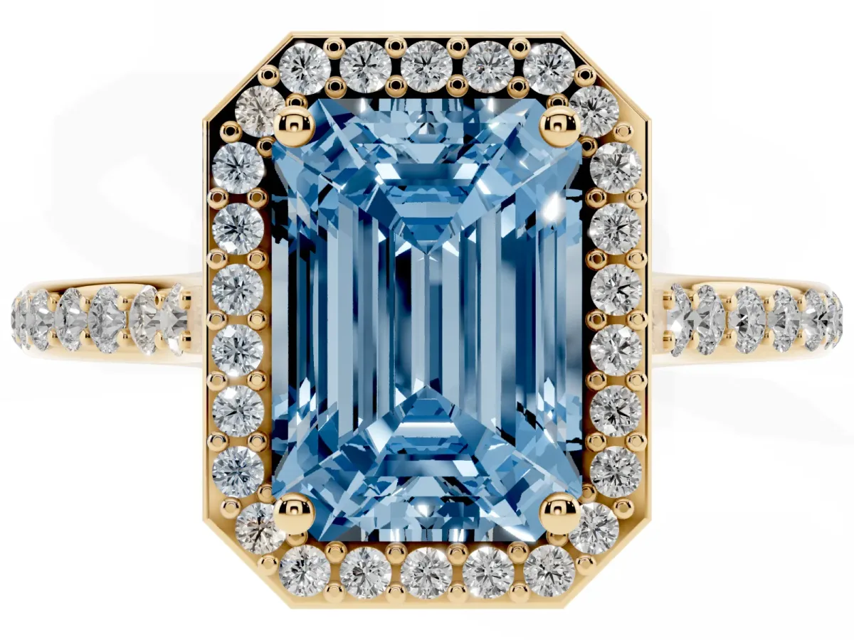 Fancy Blue Emerald Cut Diamond Halo Engagement Ring with Round Pavé Shoulders and Prong Setting Yellow gold