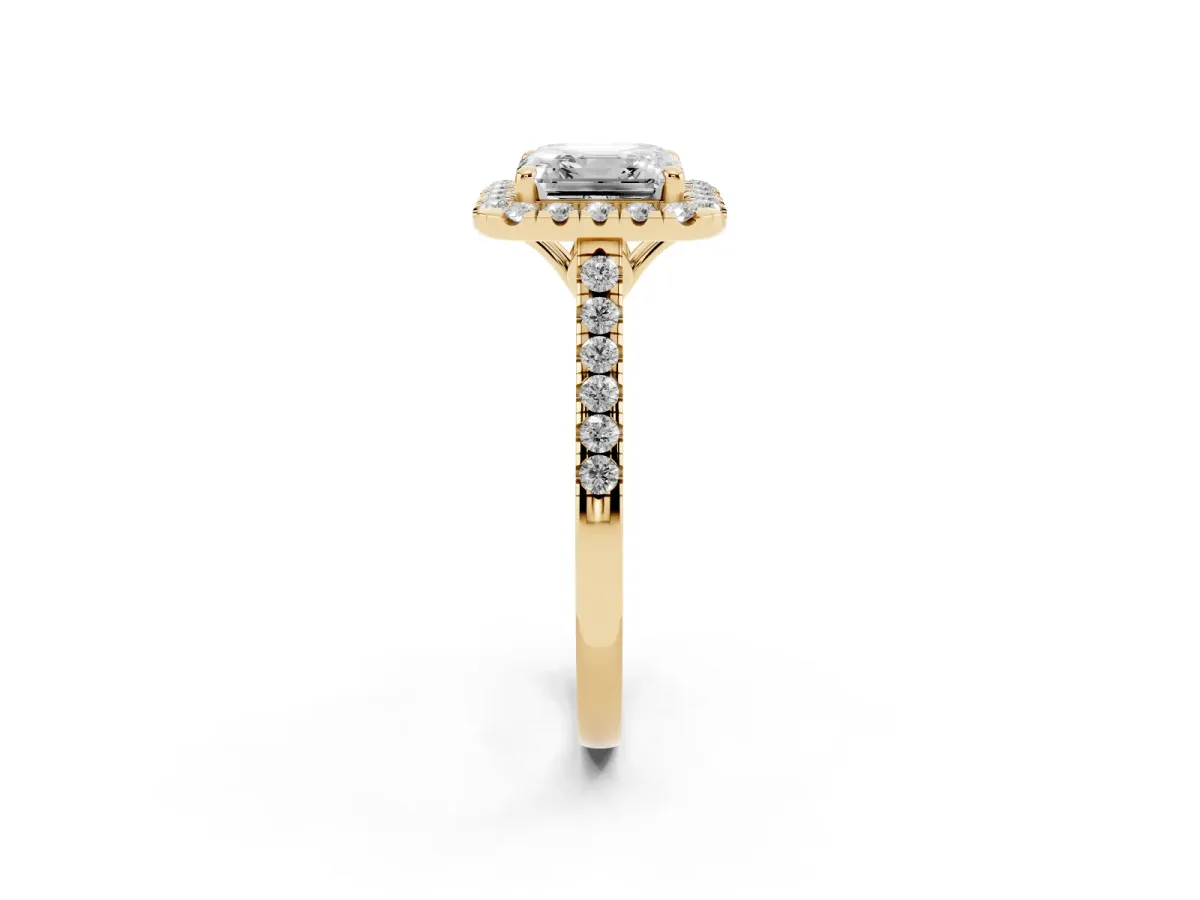 Asscher Cut Halo Pavé Diamond Engagement Ring with Four-Prong Setting Yellow gold