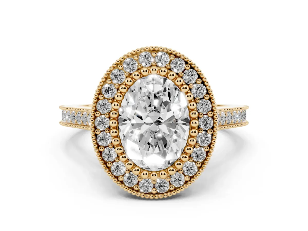 Oval Cut Diamond Halo Ring with Milgrain Frame and Pavé Band Yellow gold