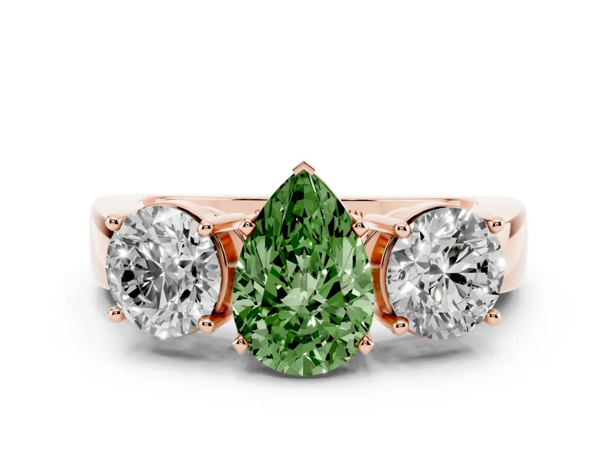 Fancy Green Three-Stone Pear Cut Diamond Ring with Round Side Stones, Classic Band, and Four-Prong Setting Rose gold
