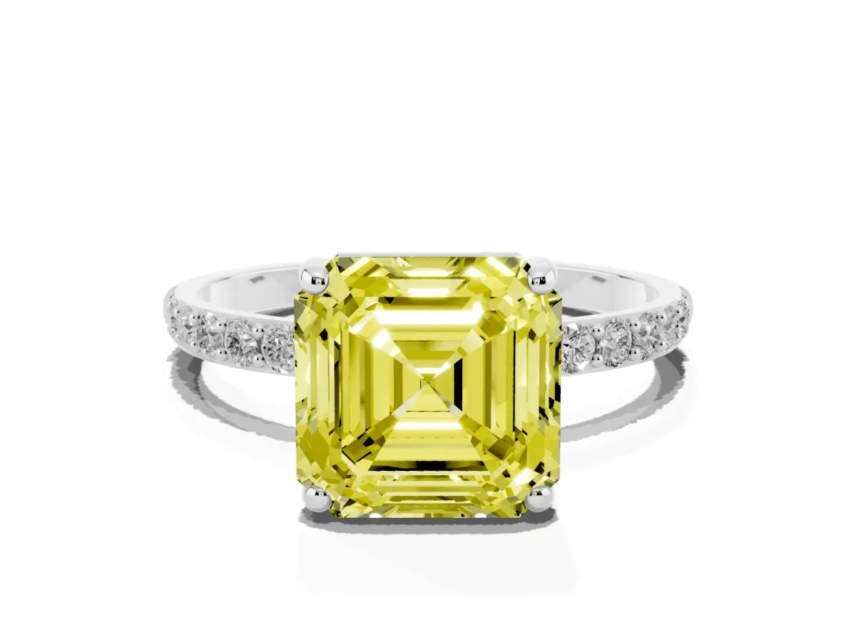 Fancy Yellow Asscher Cut Diamond Solitaire Ring with Round Pavé Band and Prong Setting Silver