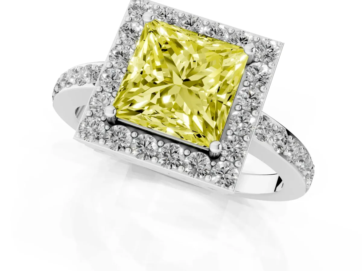 Fancy Yellow Princess Cut Halo Diamond Pavé Band Ring with Prong Setting Silver