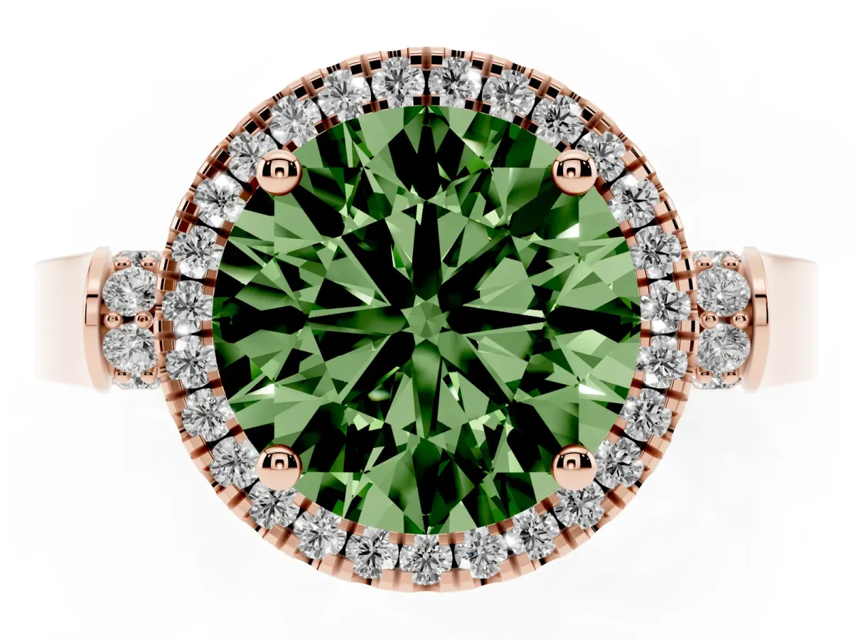 Fancy Green Round Cut Halo Round Diamond Twist Band with Four-Prong Setting Rose gold