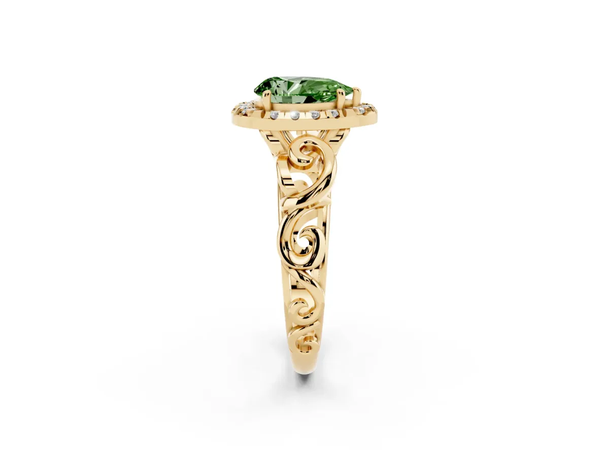 Fancy Green Pear Cut Cut Halo Diamond Ring with Scrollwork Band and Four-Prong Setting Yellow gold
