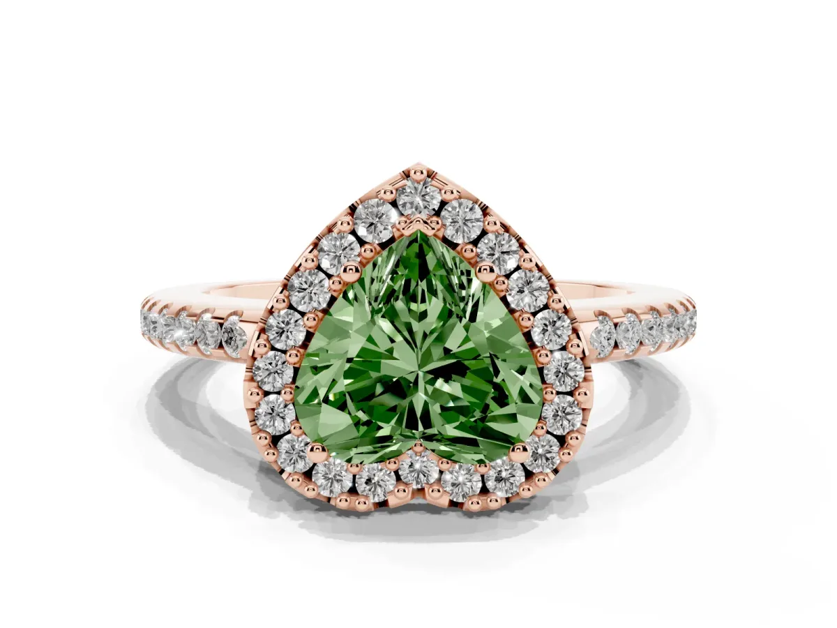 Fancy Green Heart Cut Diamond Pavé Halo Ring with Four-Prong Setting Rose gold