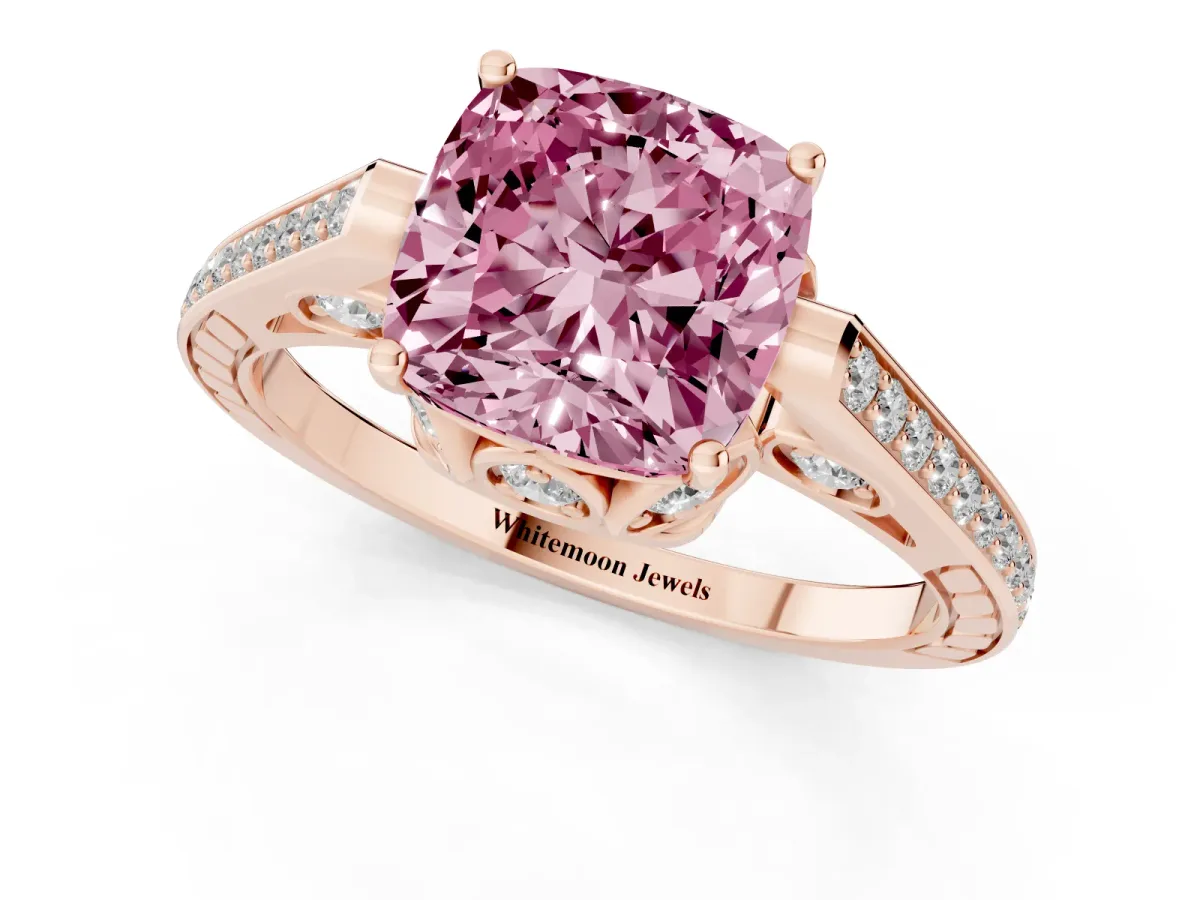 Fancy Pink Cushion Cut Cut Cathedral Pave Diamond Engagement Ring with Six-Prong Setting Rose gold