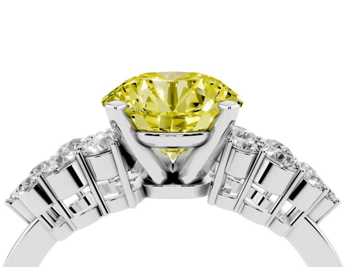 Fancy Yellow Round Cut Cluster Diamond Engagement Ring with Pavé Band and Four-Prong Setting White gold