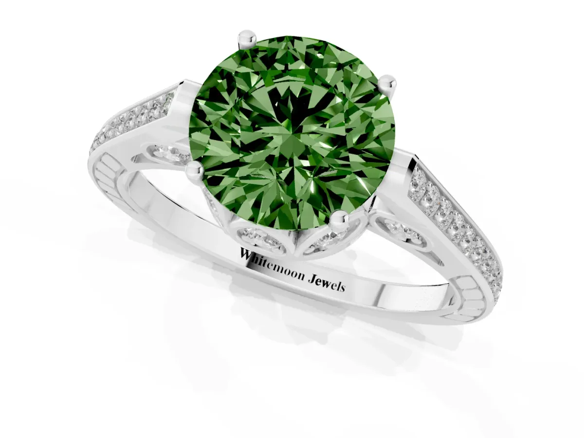 Fancy Green Round Cut Cut Cathedral Pave Diamond Engagement Ring with Six-Prong Setting Silver