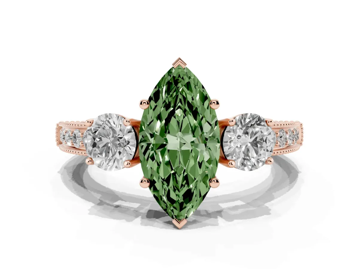 Fancy Green Marquise Cut Three-Stone Diamond Ring with Pavé Band and Four-Prong Setting Rose gold