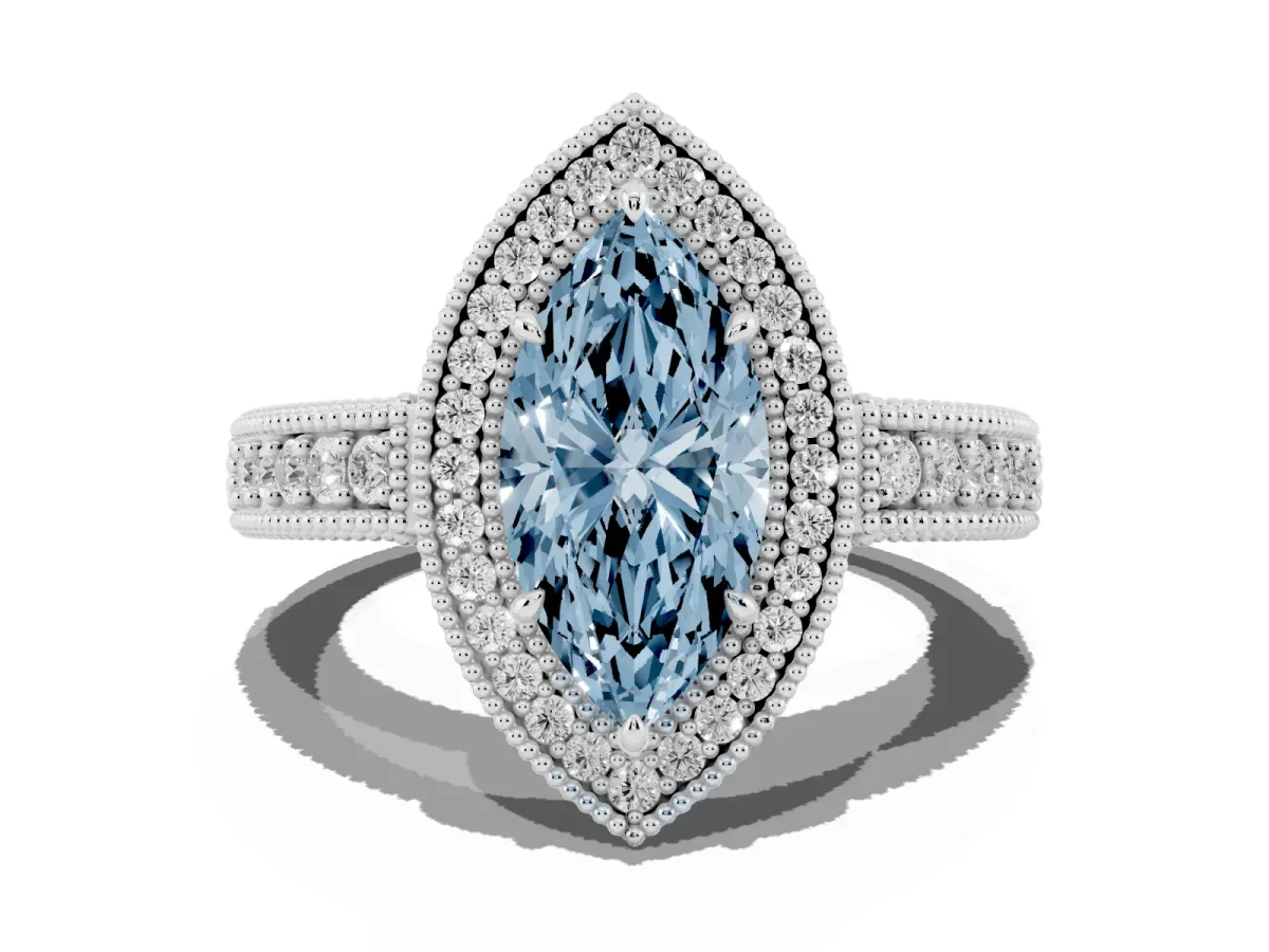 Fancy Blue Marquise Cut Cut Halo Diamond Ring with Pavé Band and Four-Prong Setting White gold