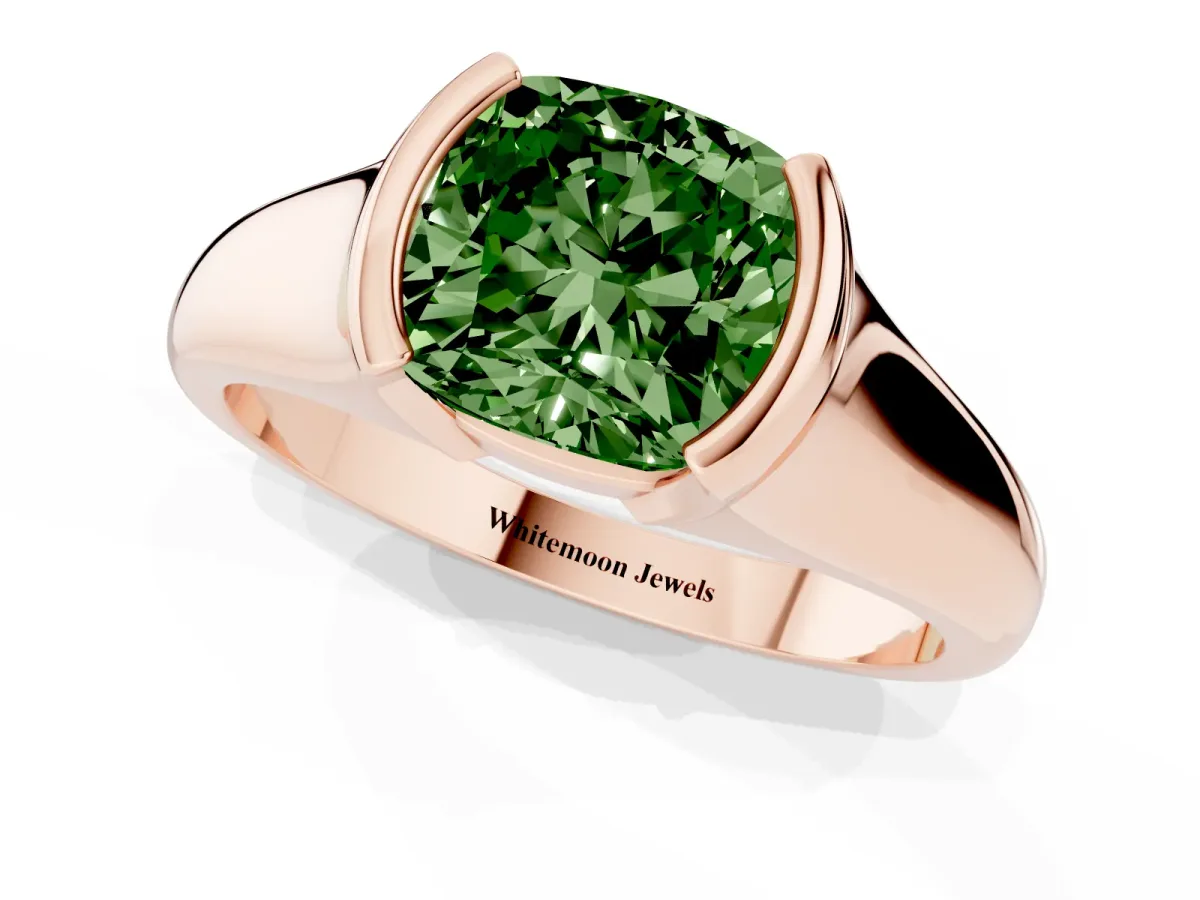 Fancy Green Cushion Cut Solitaire Tension Set Diamond Ring with Split Shank Band Rose gold