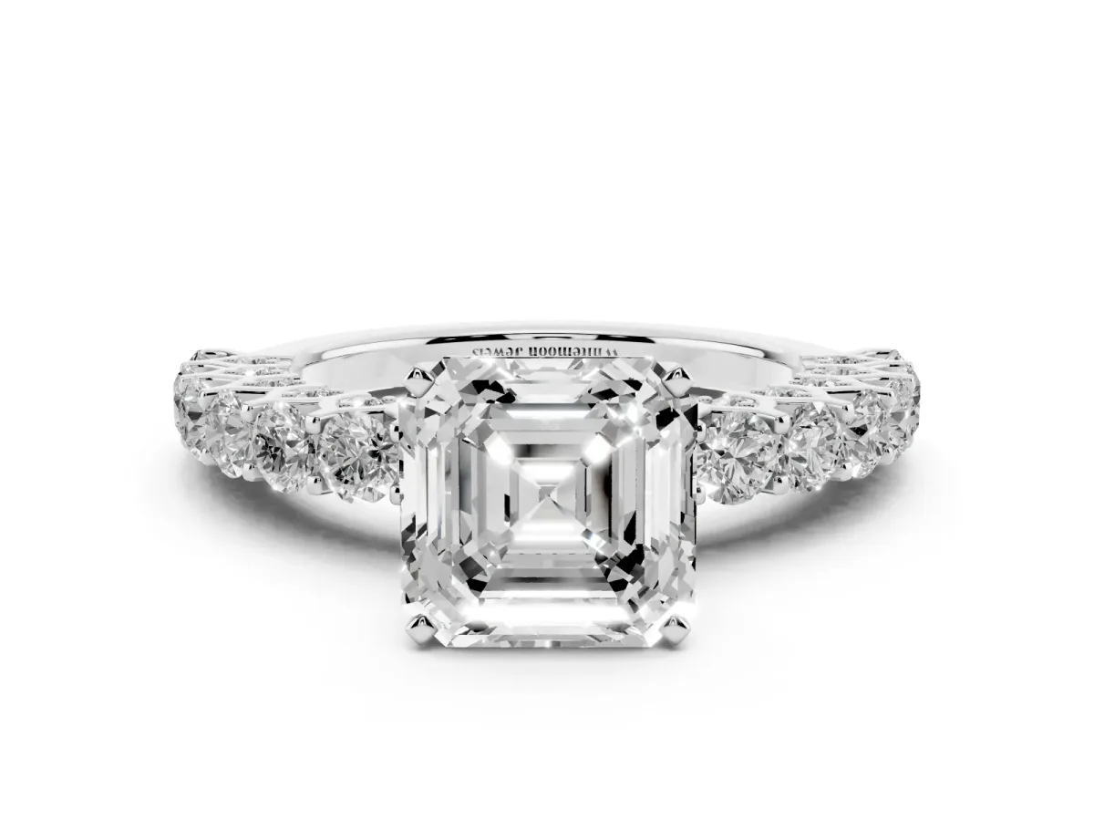 Asscher Cut Diamond Solitaire Ring with Shared Prong Pavé Band and Four-Prong Setting Silver