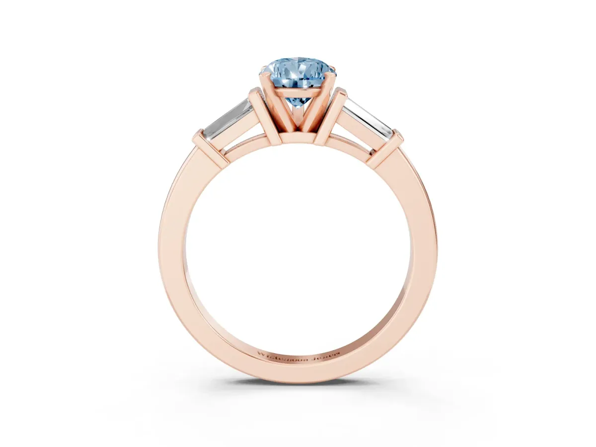 Fancy Blue Pear Cut Cut Diamond Solitaire Ring with Tapered Baguette Accents and Four-Prong Setting Rose gold