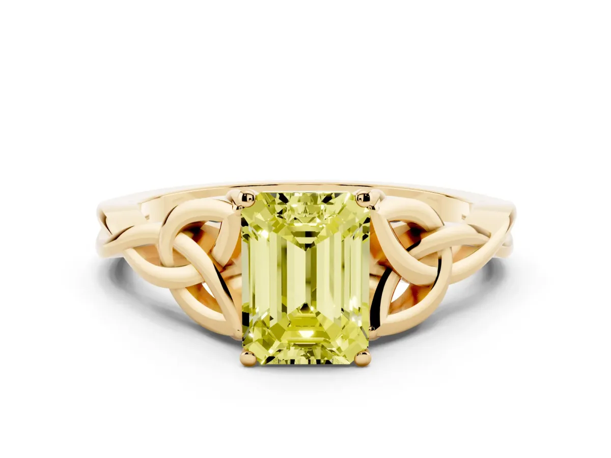 Fancy Yellow Emerald Cut Diamond Solitaire Engagement Ring with Celtic Knot Band and Four-Prong Setting Yellow gold