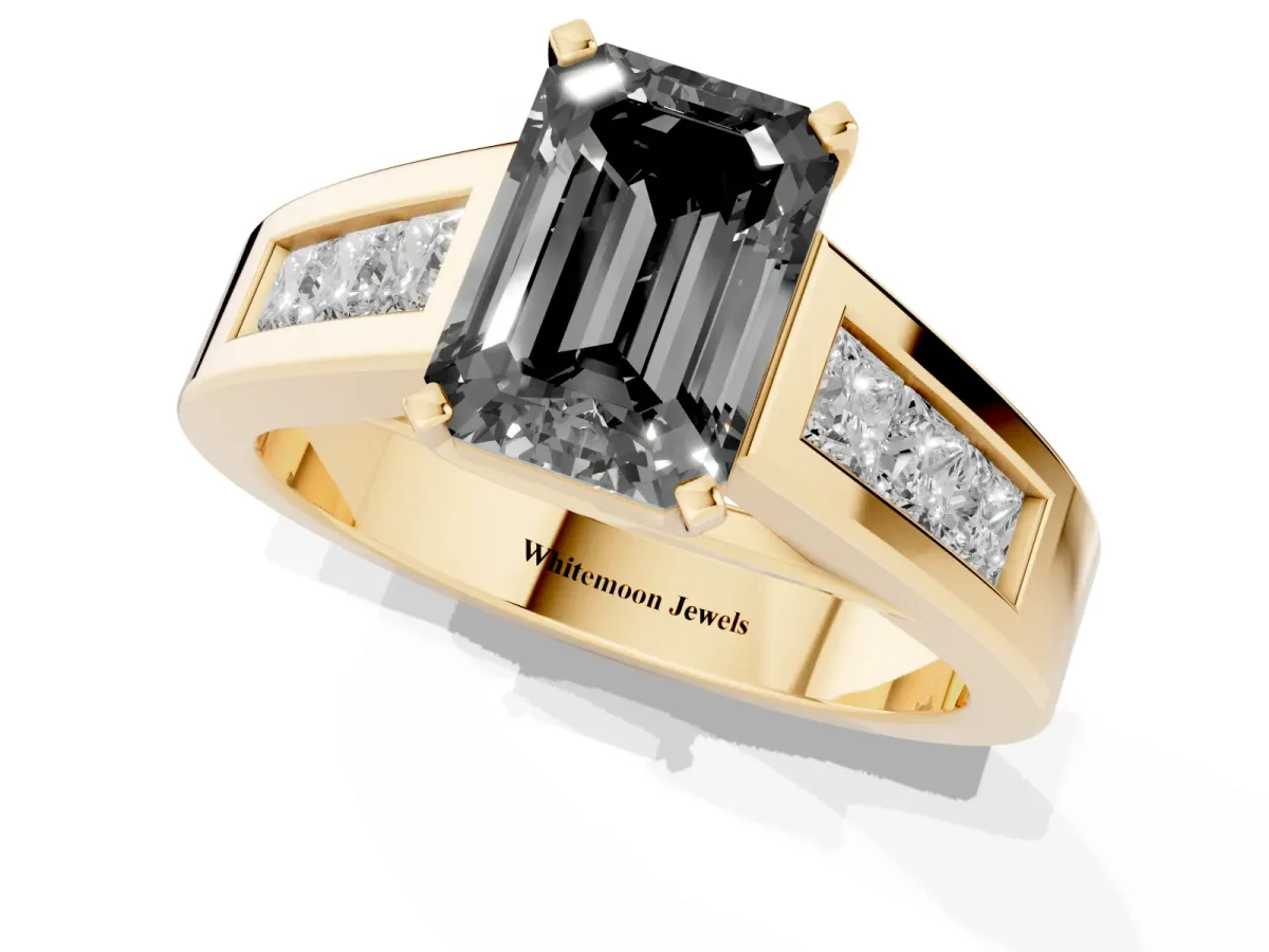 Fancy Black Emerald Cut Cut Channel Set Solitaire Ring with Four-Prong Setting Yellow gold