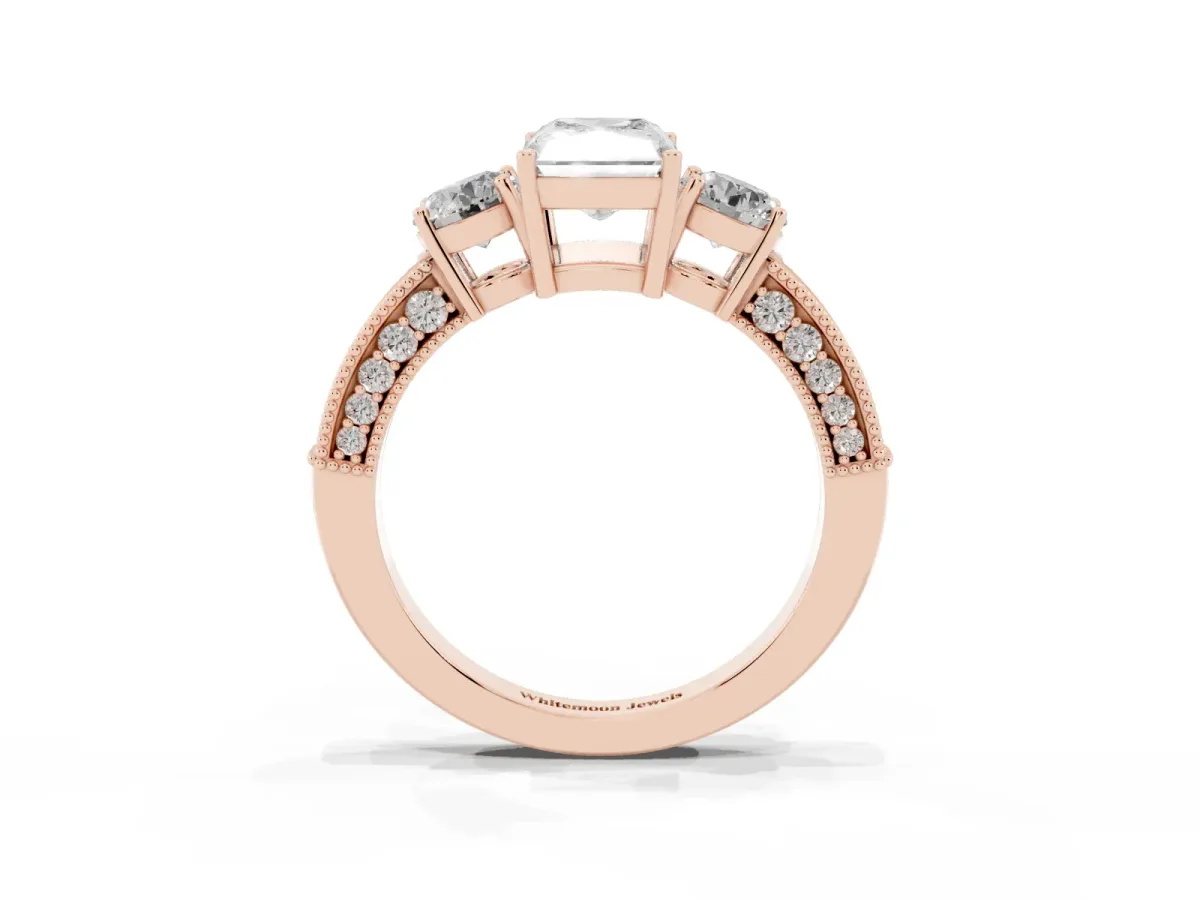 Radiant Cut Three-Stone Diamond Ring with Pavé Band and Four-Prong Setting Rose gold