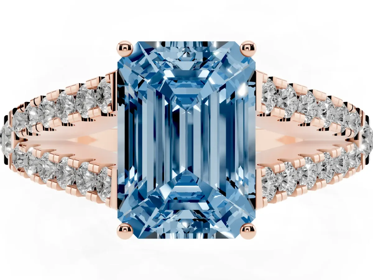 Fancy Blue Emerald Cut Diamond Split Shank Pavé Engagement Ring with Four-Prong Setting Rose gold