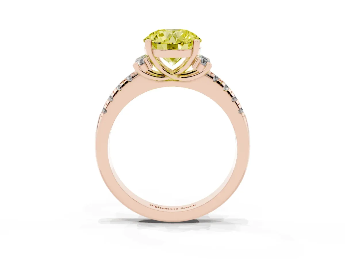 Fancy Yellow Round Cut Diamond Three-Stone Pave Band with Four-Prong Setting Rose gold
