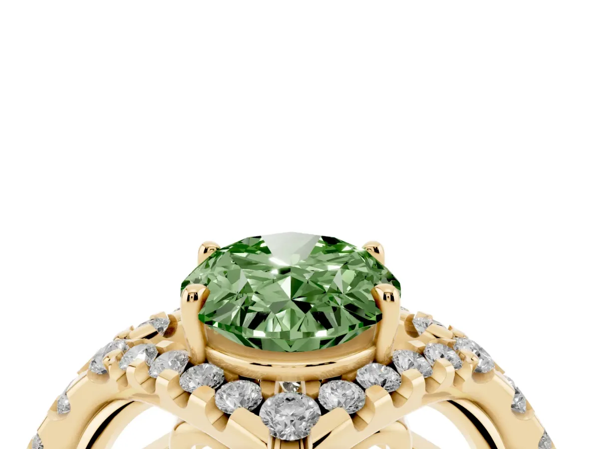 Fancy Green Oval Cut Diamond Solitaire Ring with Hidden Halo and Pavé Band Yellow gold