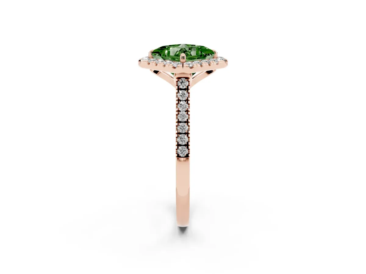 Fancy Green Princess Cut Diamond Cushion Halo Ring with Pavé Band Rose gold