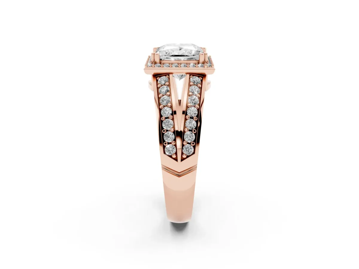 Princess Cut Diamond Halo Ring with Split Shank Pavé Band and Four-Prong Setting Rose gold