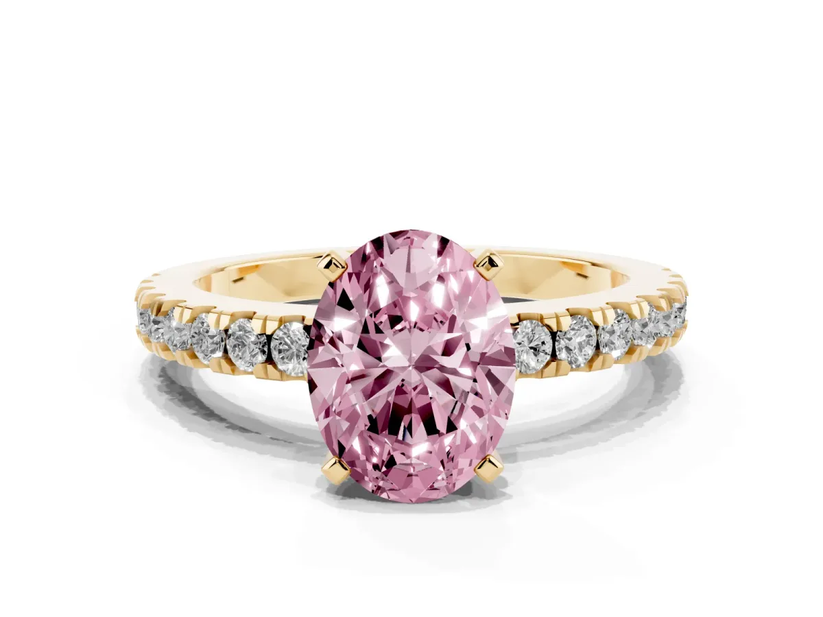 Fancy Pink Oval Cut Solitaire Diamond with Pavé Band and Four-Prong Setting Yellow gold