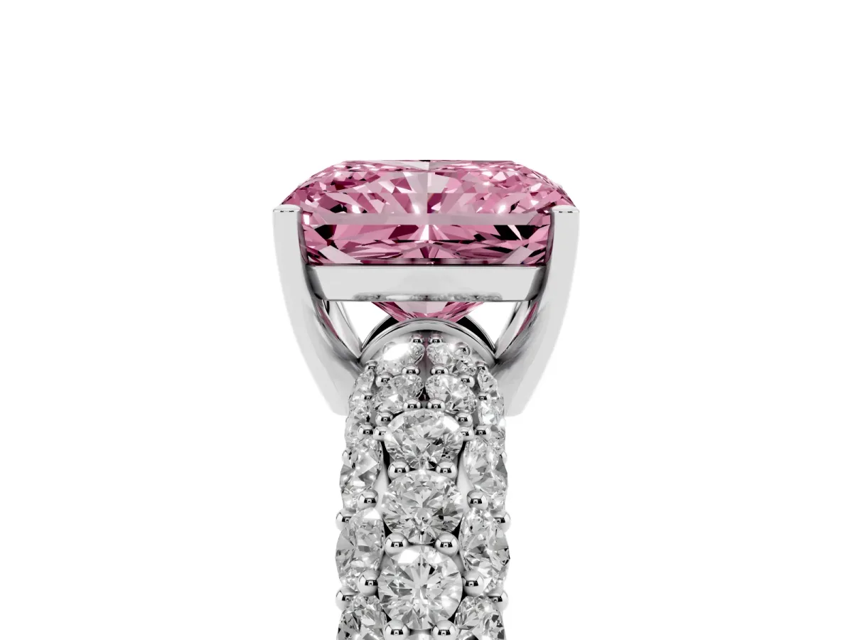 Fancy Pink Radiant Cut Diamond Pavé Band Solitaire Ring with Four-Prong Setting White gold